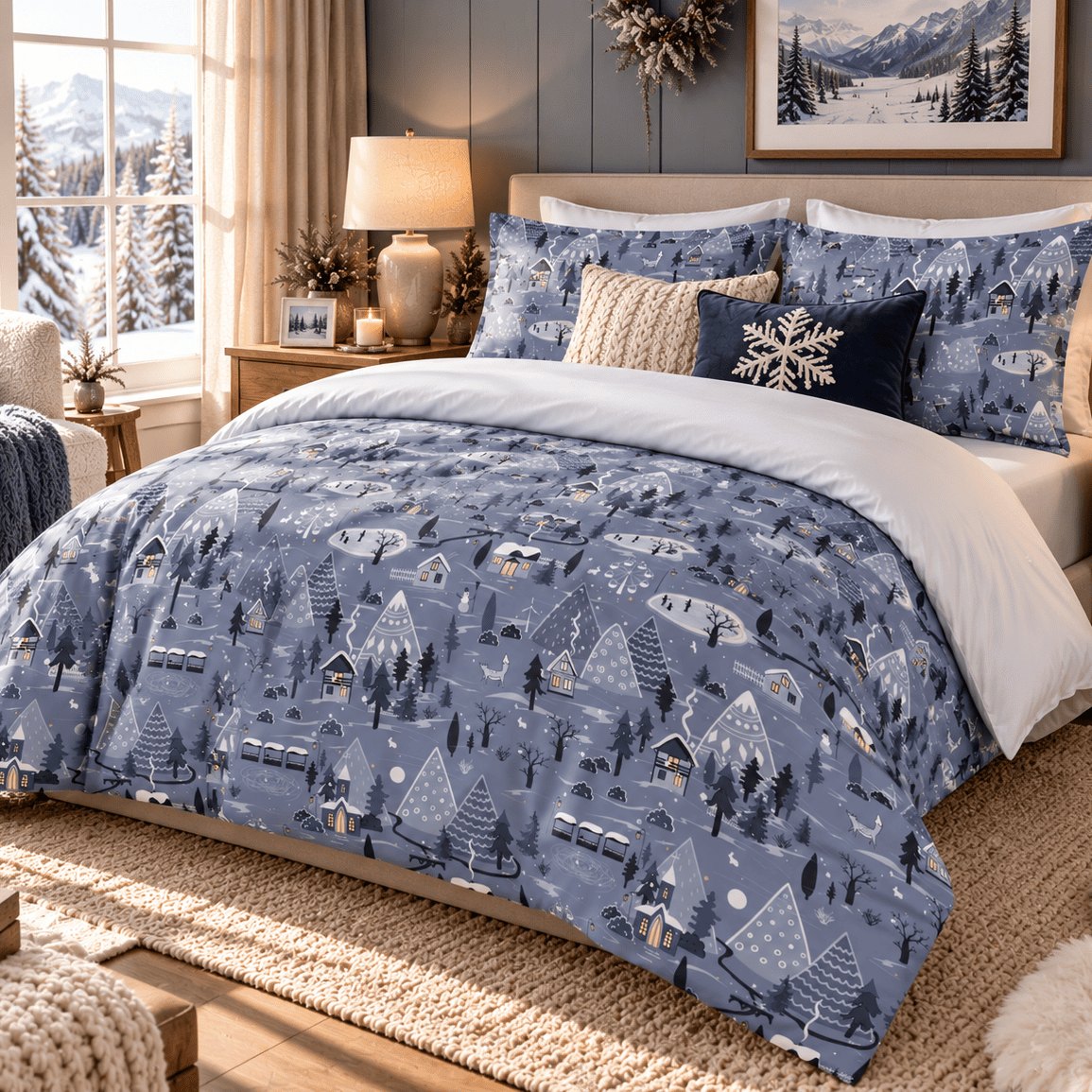 Winter Village Christmas duvet cover set, room view showing blue village bedding in a bedroom with snowy windows