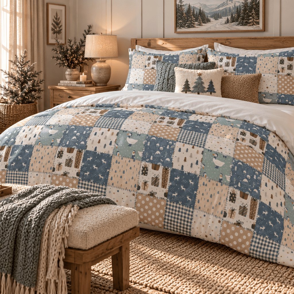 Woodland Patchwork Christmas duvet cover set, angled view showing patchwork duvet beside a bench with grey knit throw