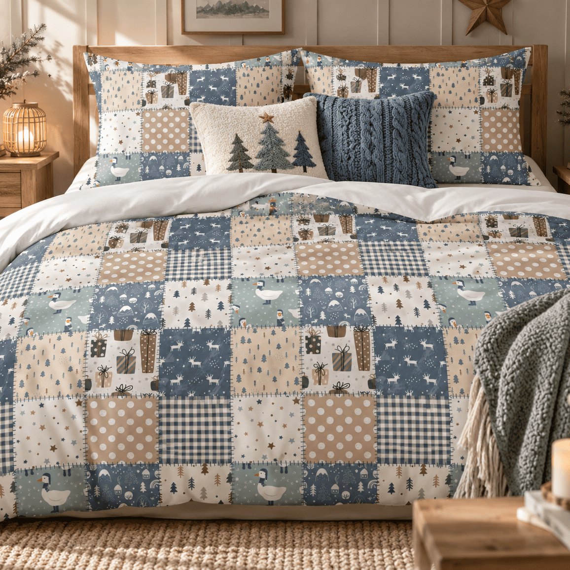 Woodland Patchwork Christmas duvet cover set, close front view showing reindeer, geese and gift squares