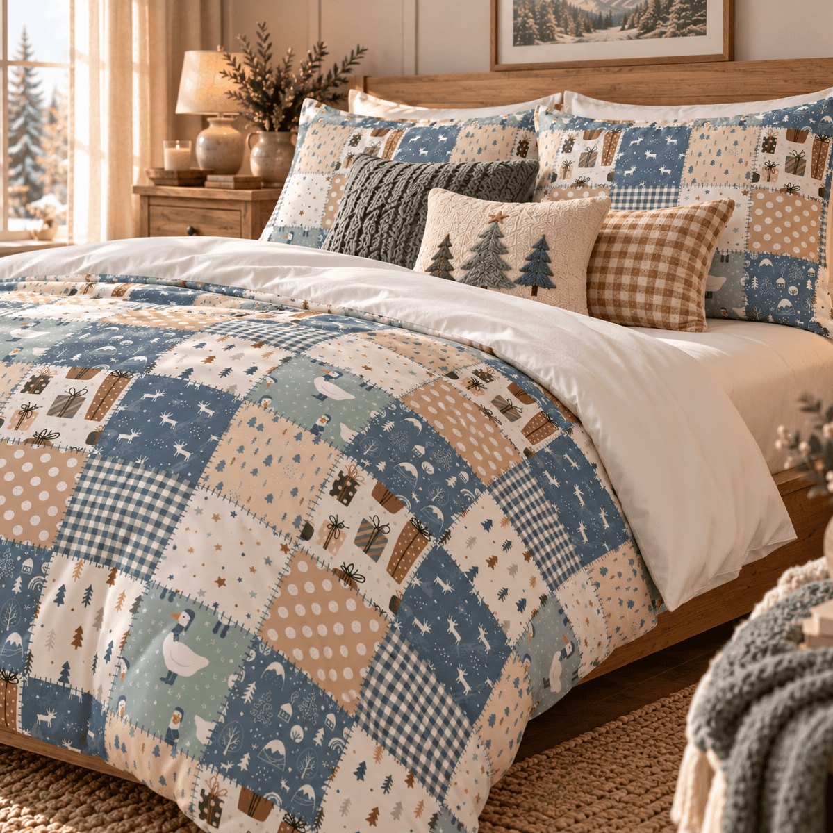 Woodland Patchwork Christmas duvet cover set, pillowcase close-up showing patchwork pillowcases with tree cushion