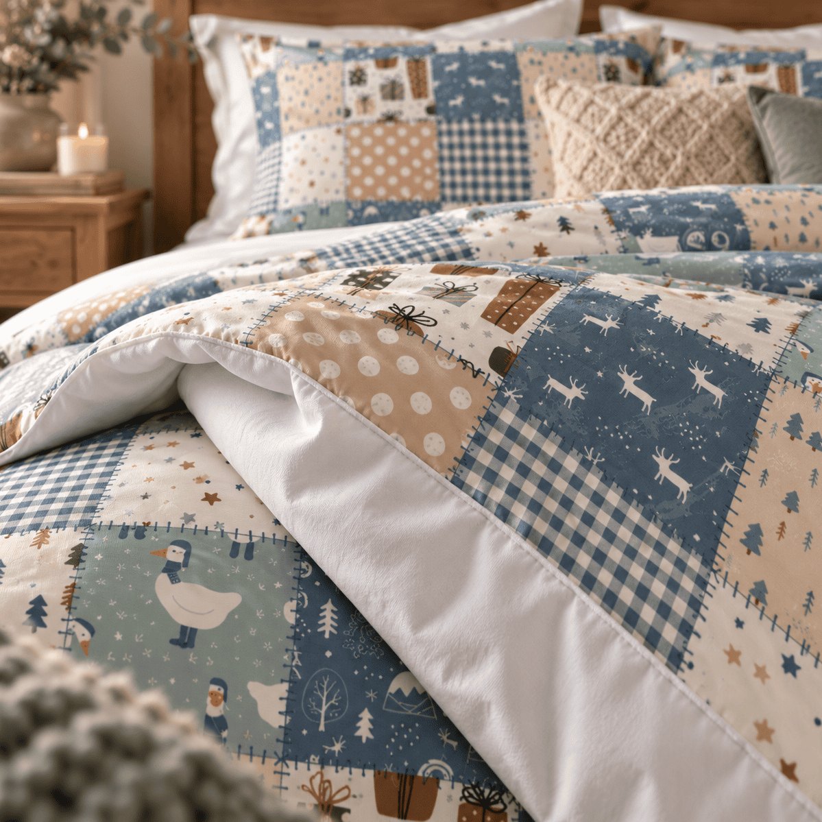 Woodland Patchwork Christmas duvet cover set, print close-up showing geese, reindeer and gingham squares with white reverse