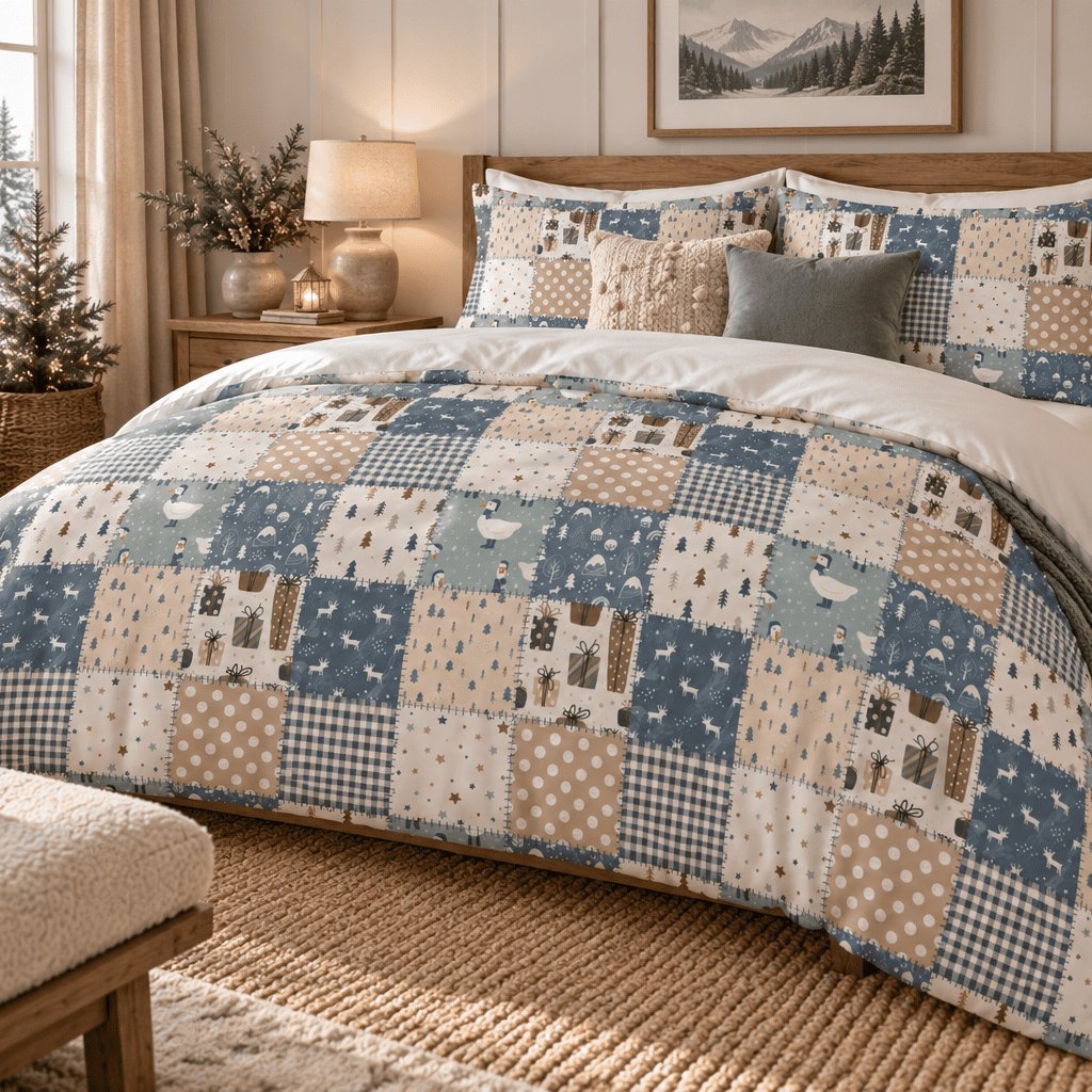 Woodland Patchwork Christmas duvet cover set, elevated angled view showing patchwork duvet and pillowcases