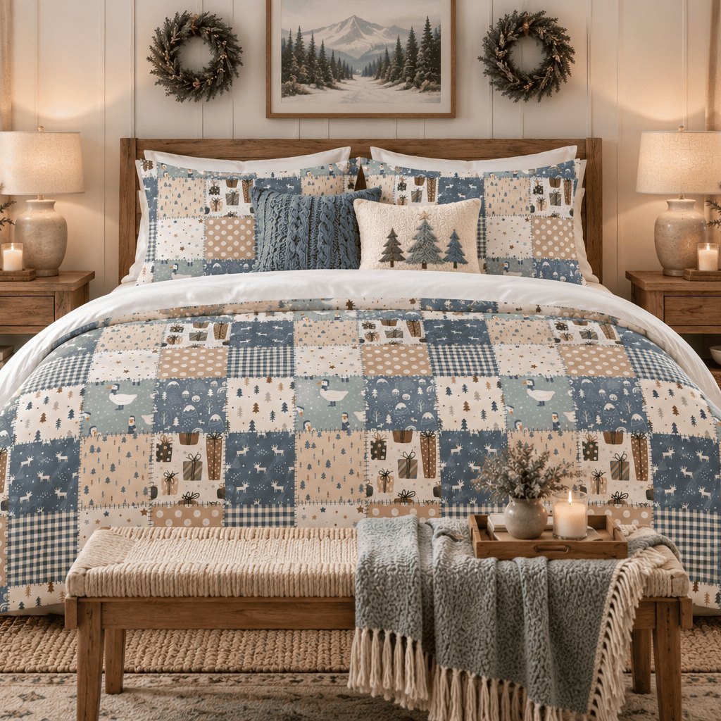 Woodland Patchwork Christmas duvet cover set, front view showing blue and tan patchwork with grey knit throw