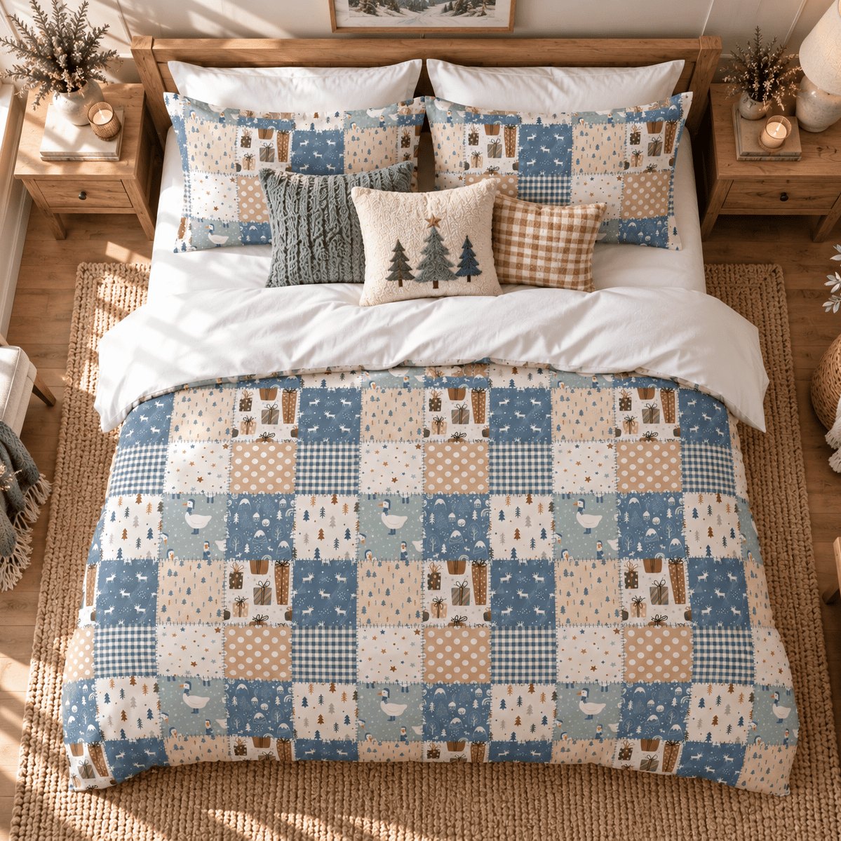 Woodland Patchwork Christmas duvet cover set, overhead view showing full patchwork duvet and cushions from above