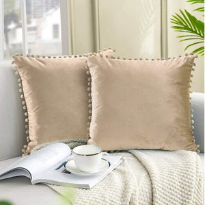 Pom Pom Velvet Cushion Cover - Beige
