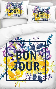 Bonjour Text with Yellow & Purple Flower Duvet Cover Set