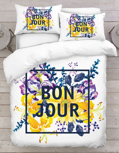 Bonjour Text with Yellow & Purple Flower Duvet Cover Set