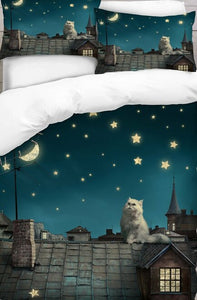 Cat With Night Stars Printed Duvet Cover Set
