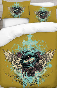 Eye Roses with Wing Mustard 3D Duvet Cover Set