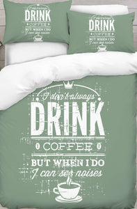 Green & White Coffee Text Printed Duvet Cover Set