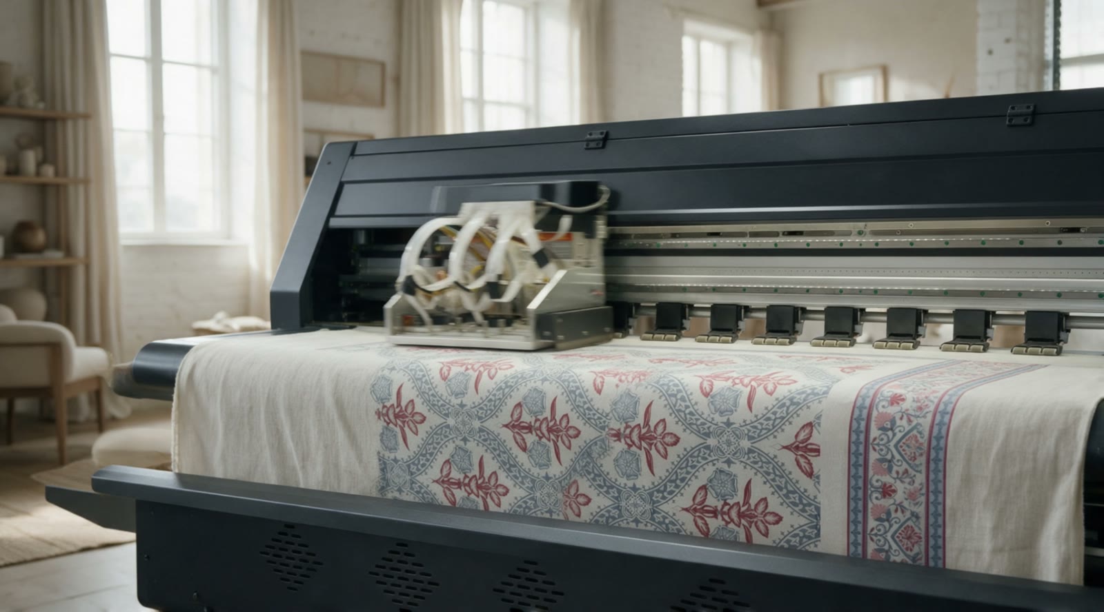 A wide-format textile printer printing a floral duvet cover design at Ensor Mill