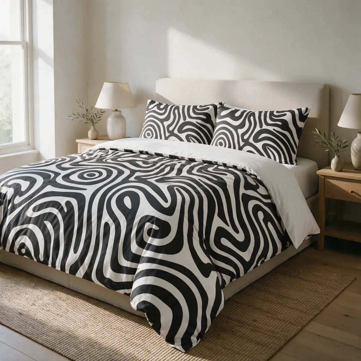 Monochrome Swirl Abstract Duvet Cover Set on a made bed in a sunlit bedroom