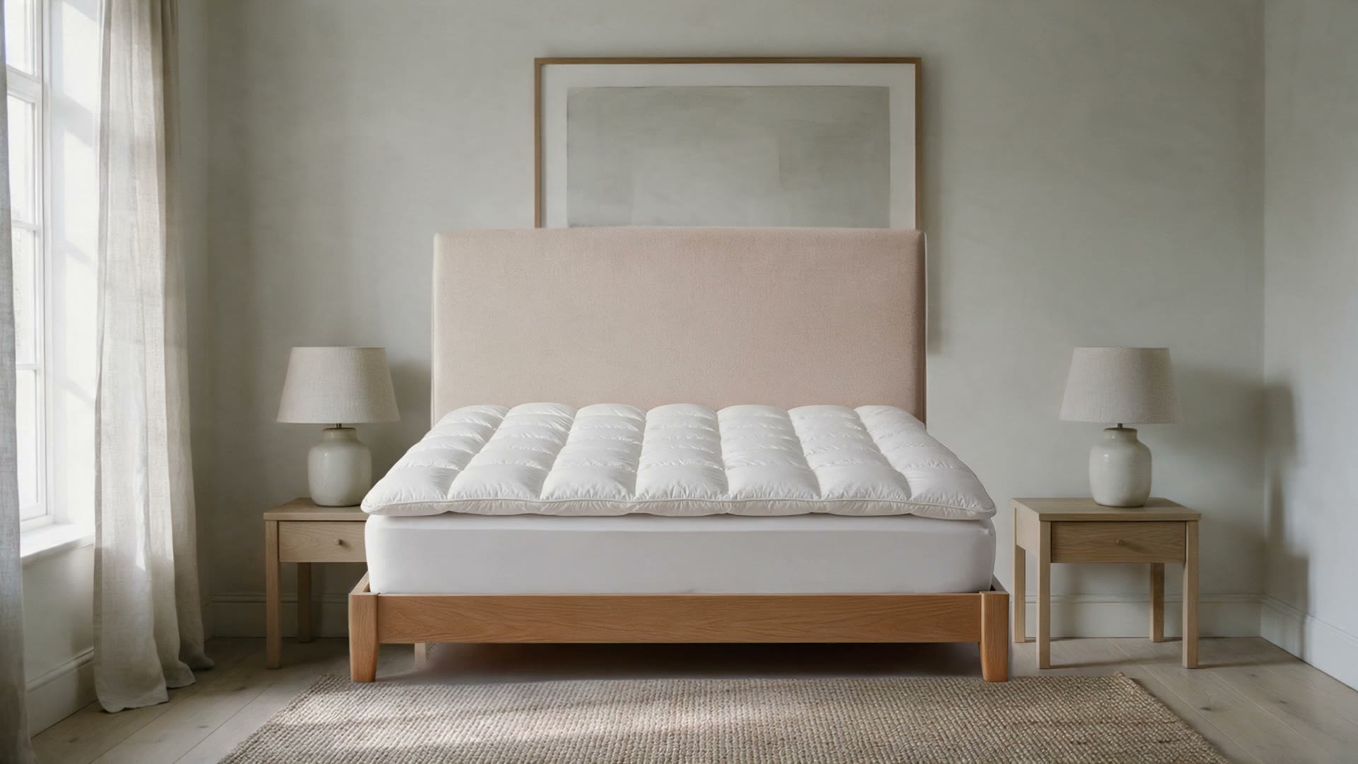 A bare mattress with a quilted topper in a sunlit bedroom