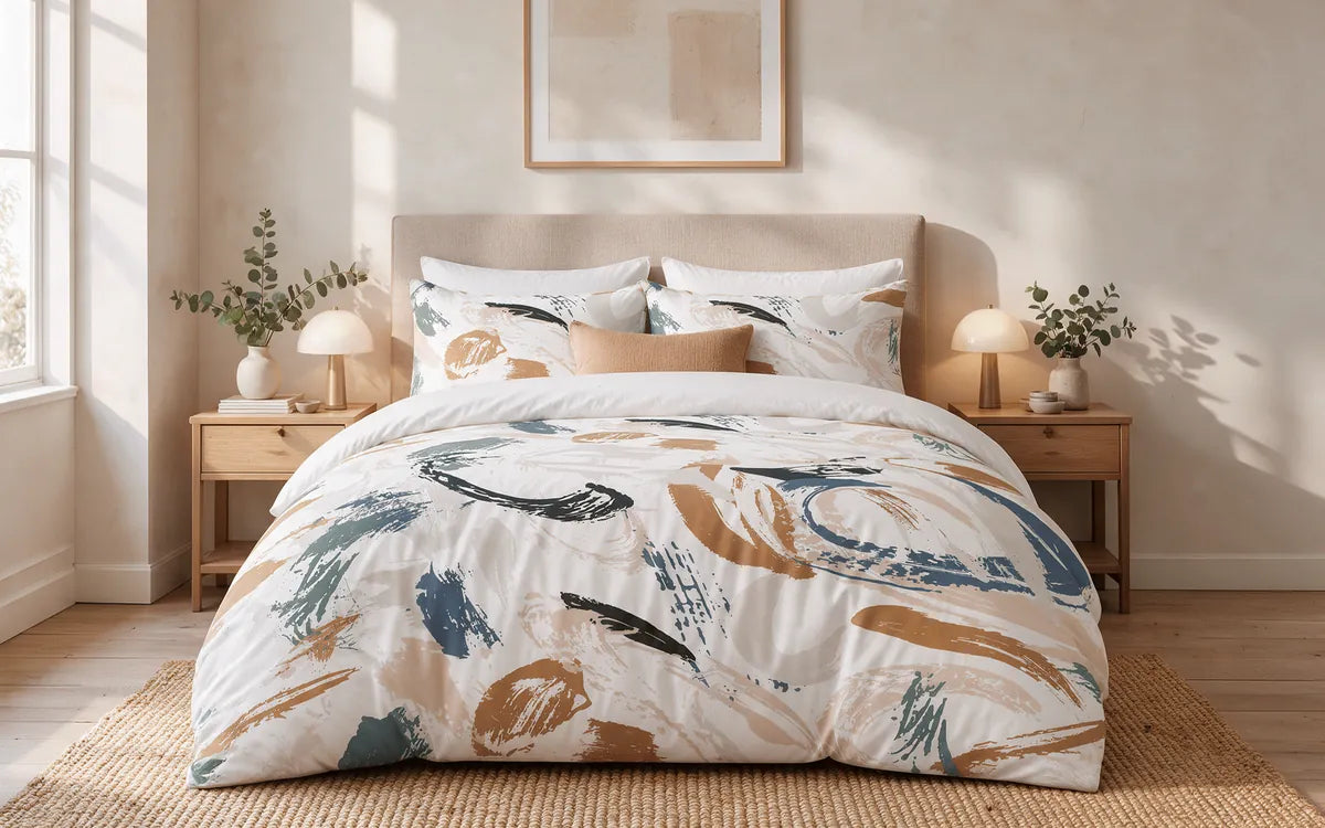 Neutral Brushmark Abstract duvet cover set on a made double bed